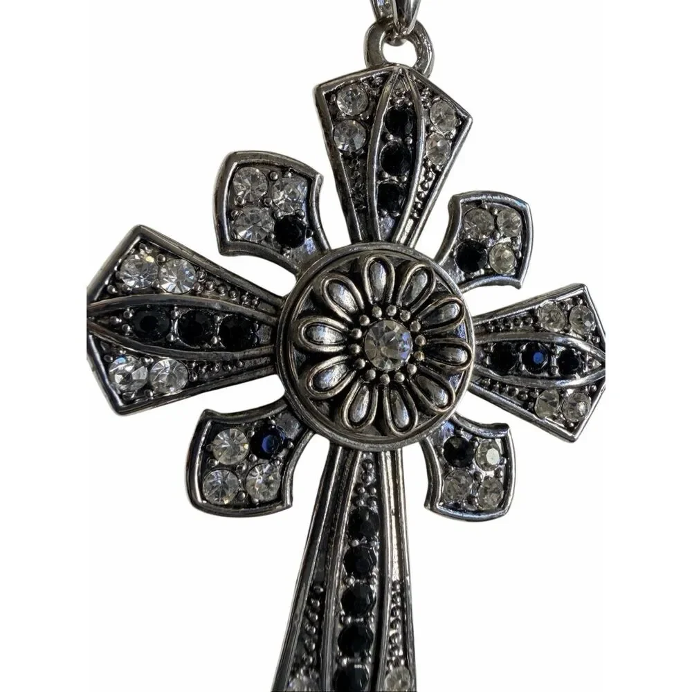 Silver Tone Rhinestone Cross Pendant Necklace Black & Clear Statement